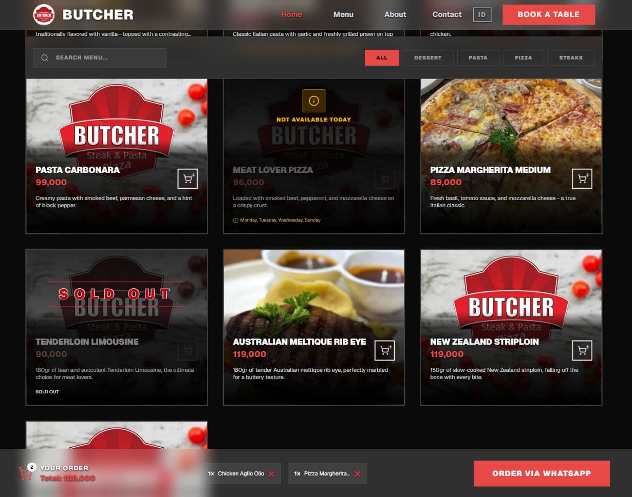 Butcher & La Vita Bella — high-end restaurant website with dark industrial aesthetic
